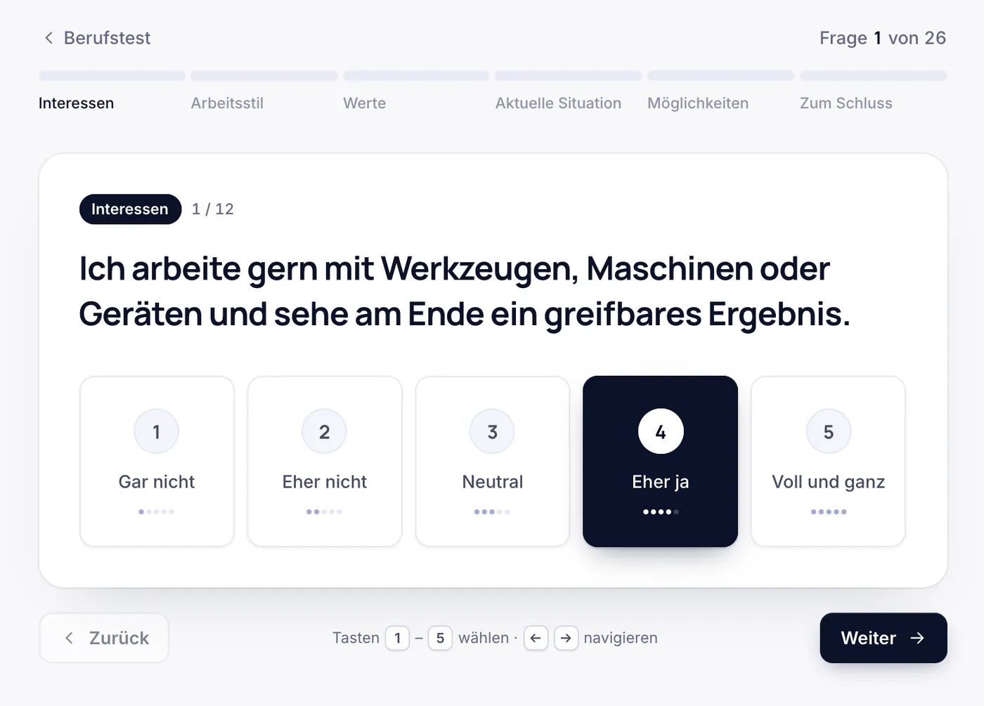 Eine Frage aus dem Berufstest mit Antworten von 1 bis 5