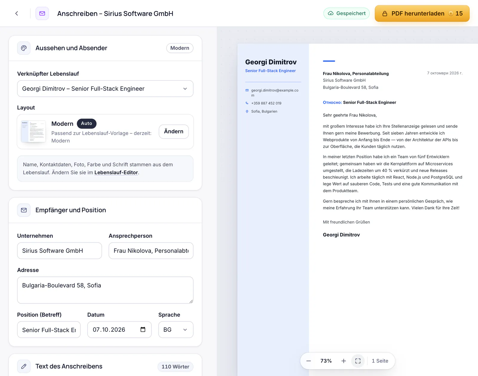 Der Anschreiben-Editor mit Vorschau des Schreibens im Design des Lebenslaufs
