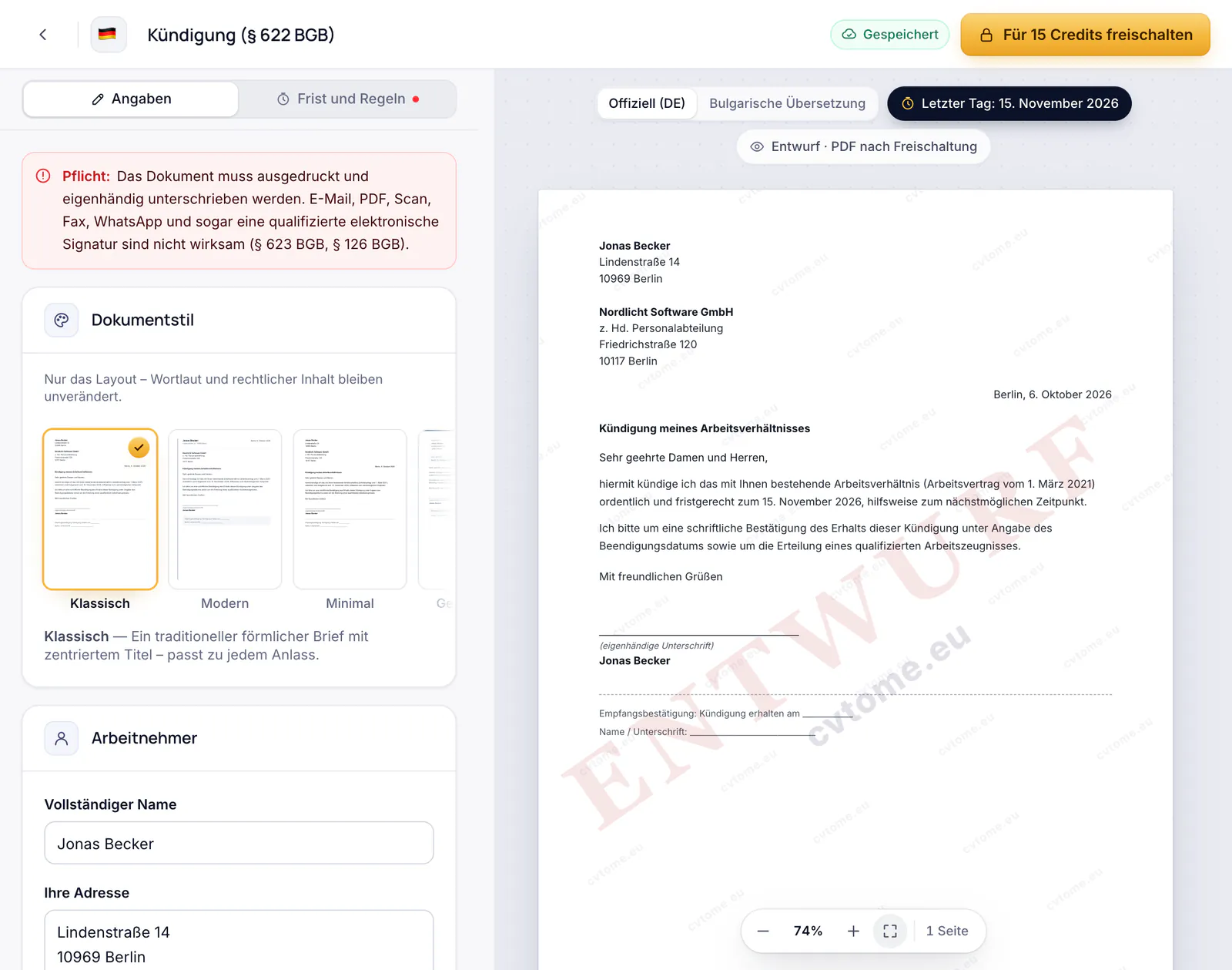 Der Editor für Kündigungsschreiben mit Vorschau einer Kündigung nach § 622 BGB