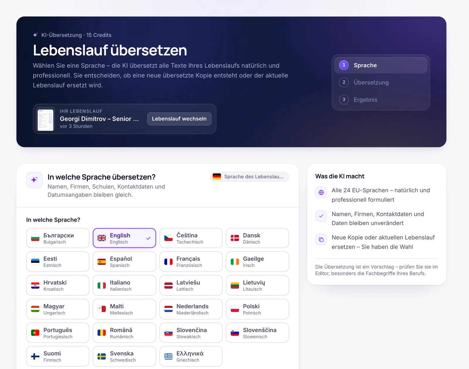 Die Seite „Lebenslauf übersetzen“ mit Auswahl der 24 EU-Sprachen