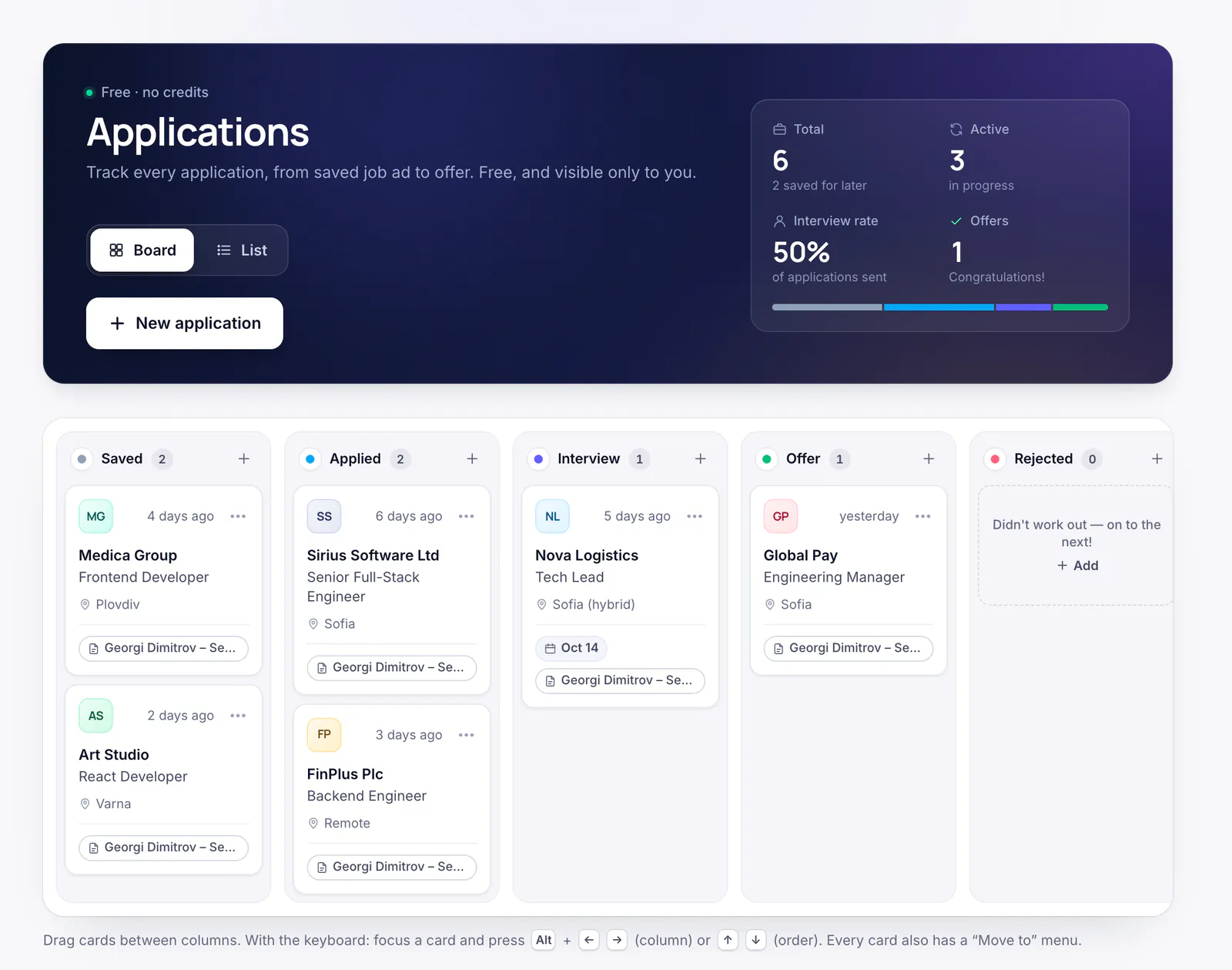 The “Applications” board with the columns Saved, Applied, Interview, Offer and Rejected