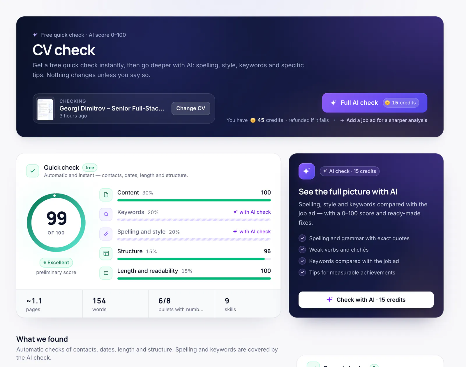 CV check: a score out of 100 for content, keywords, spelling, structure and length