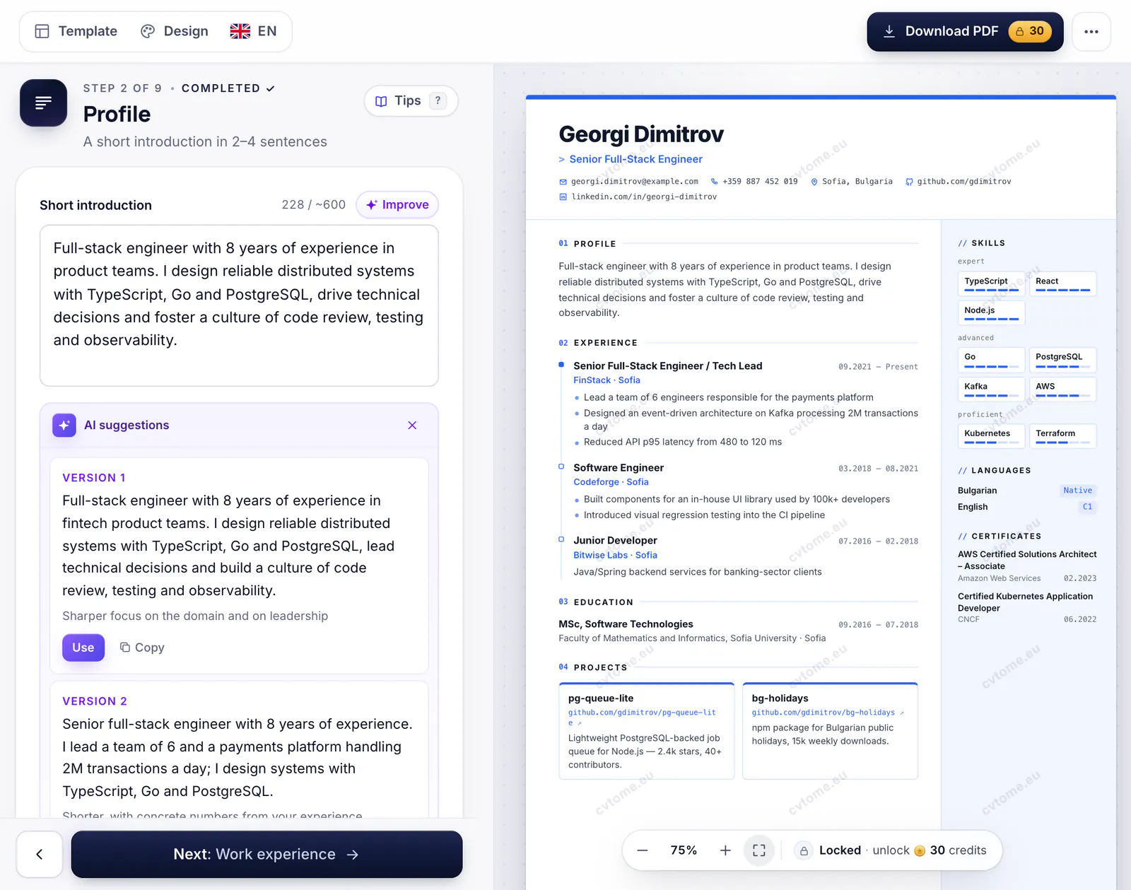 AI suggestions for the summary in the editor, with a “Use” button