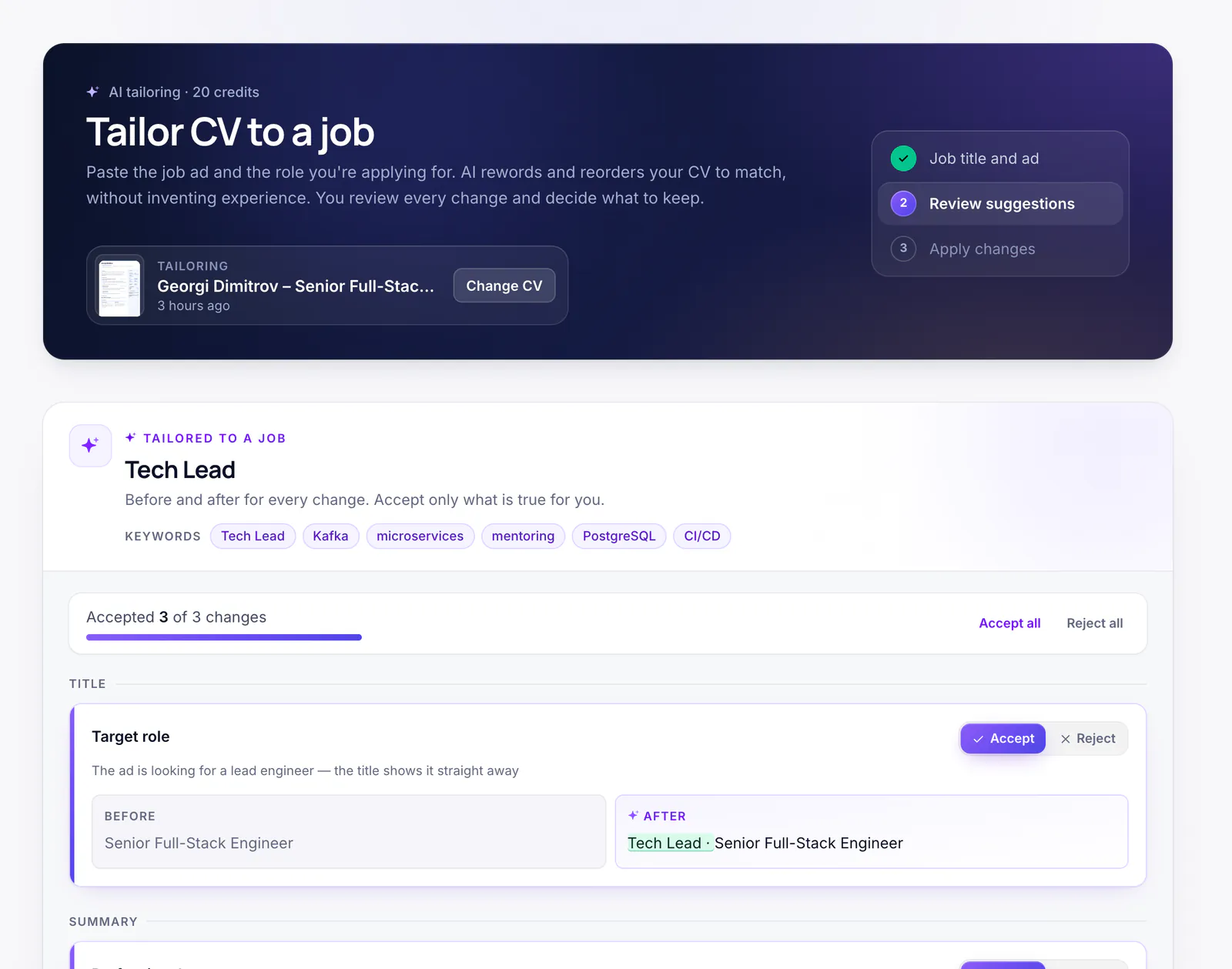The “Tailor CV to a job” page: the suggested “before / after” changes with buttons to accept them