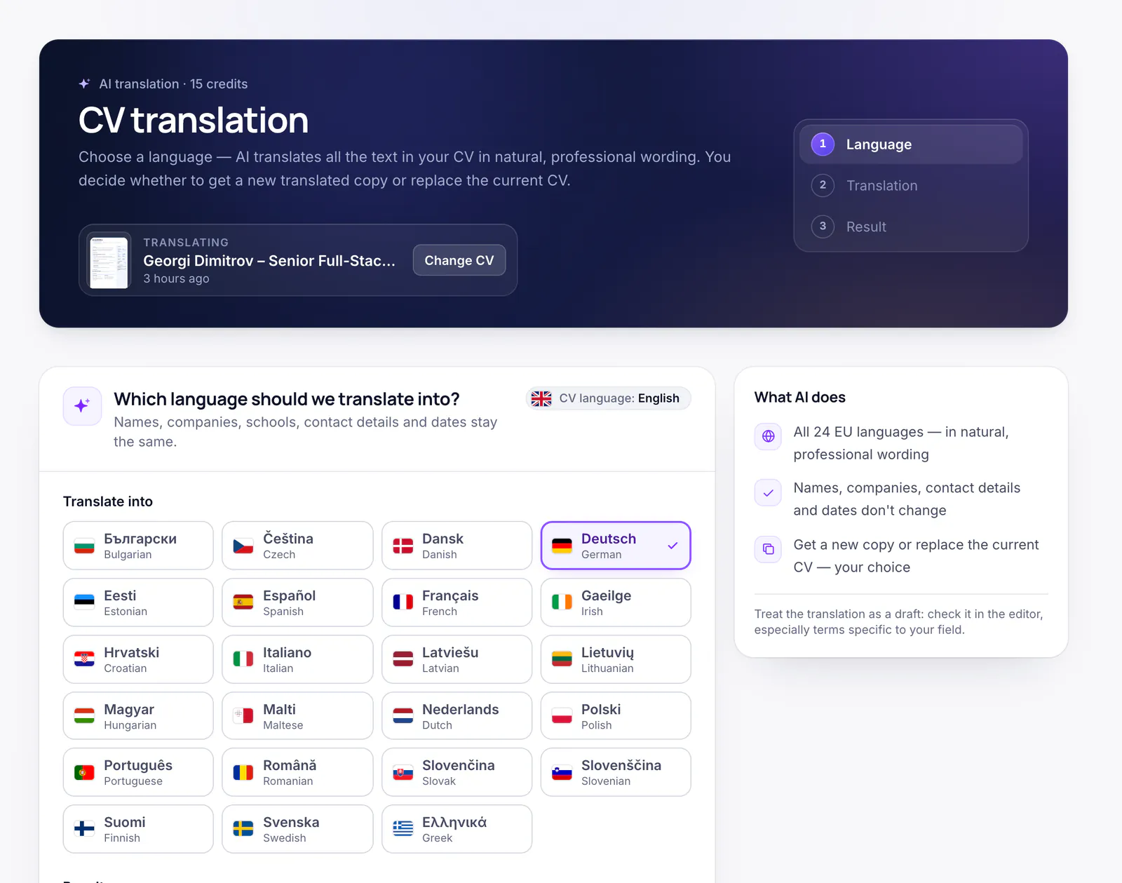 The “CV translation” page with a choice of the 24 EU languages