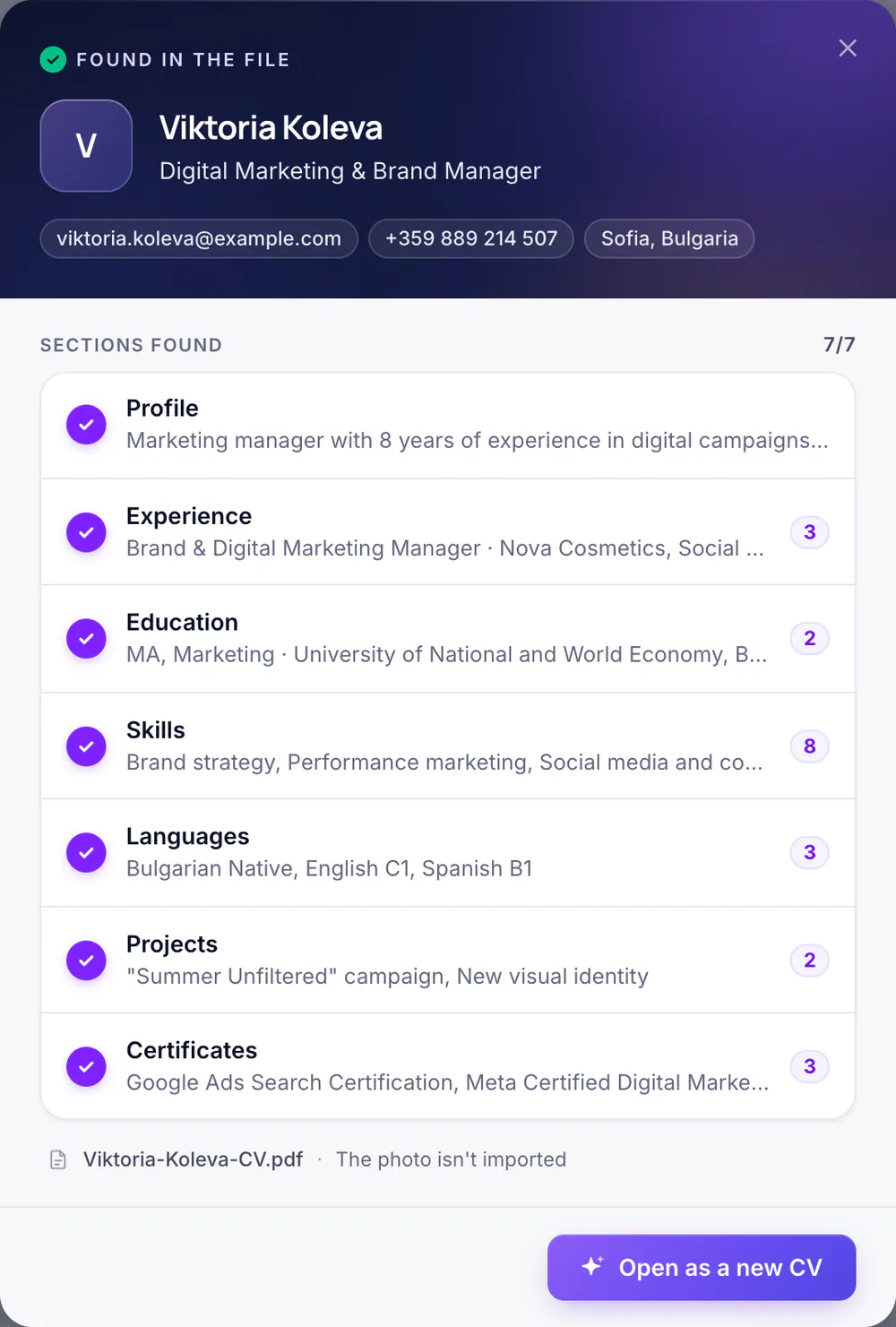 The result of reading an uploaded CV: recognised sections with the number of entries