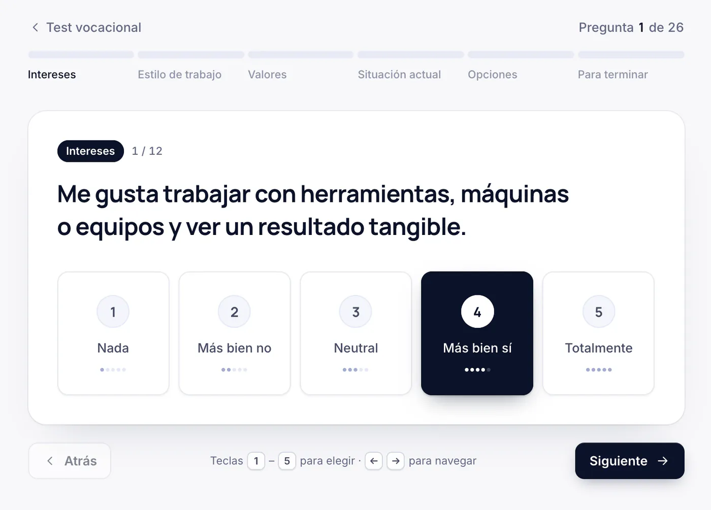 Una pregunta del test vocacional con respuestas del 1 al 5