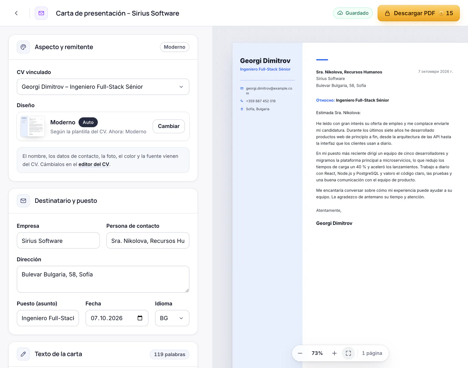 El editor de la carta de presentación con una vista previa de la carta con el diseño del CV