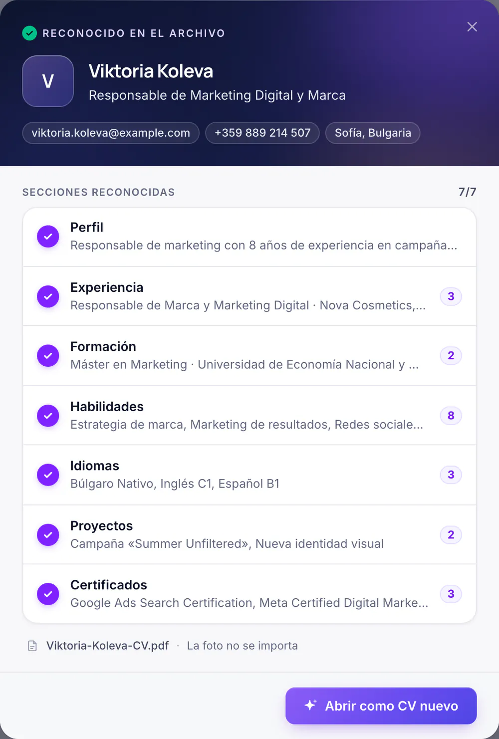 El resultado de leer un CV subido: las secciones reconocidas con el número de entradas