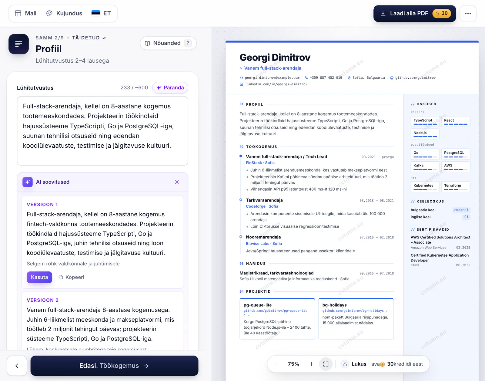 AI soovitused lühitutvustuse jaoks redaktoris ja nupp „Kasuta“