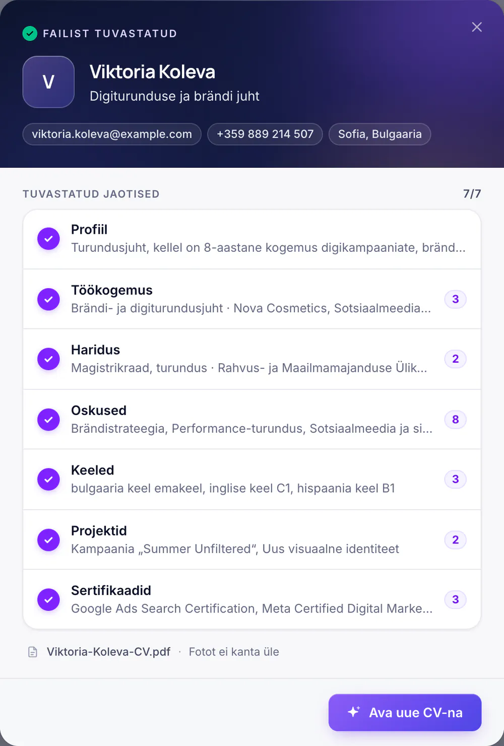 Üleslaaditud CV lugemise tulemus: tuvastatud jaotised ja kirjete arv