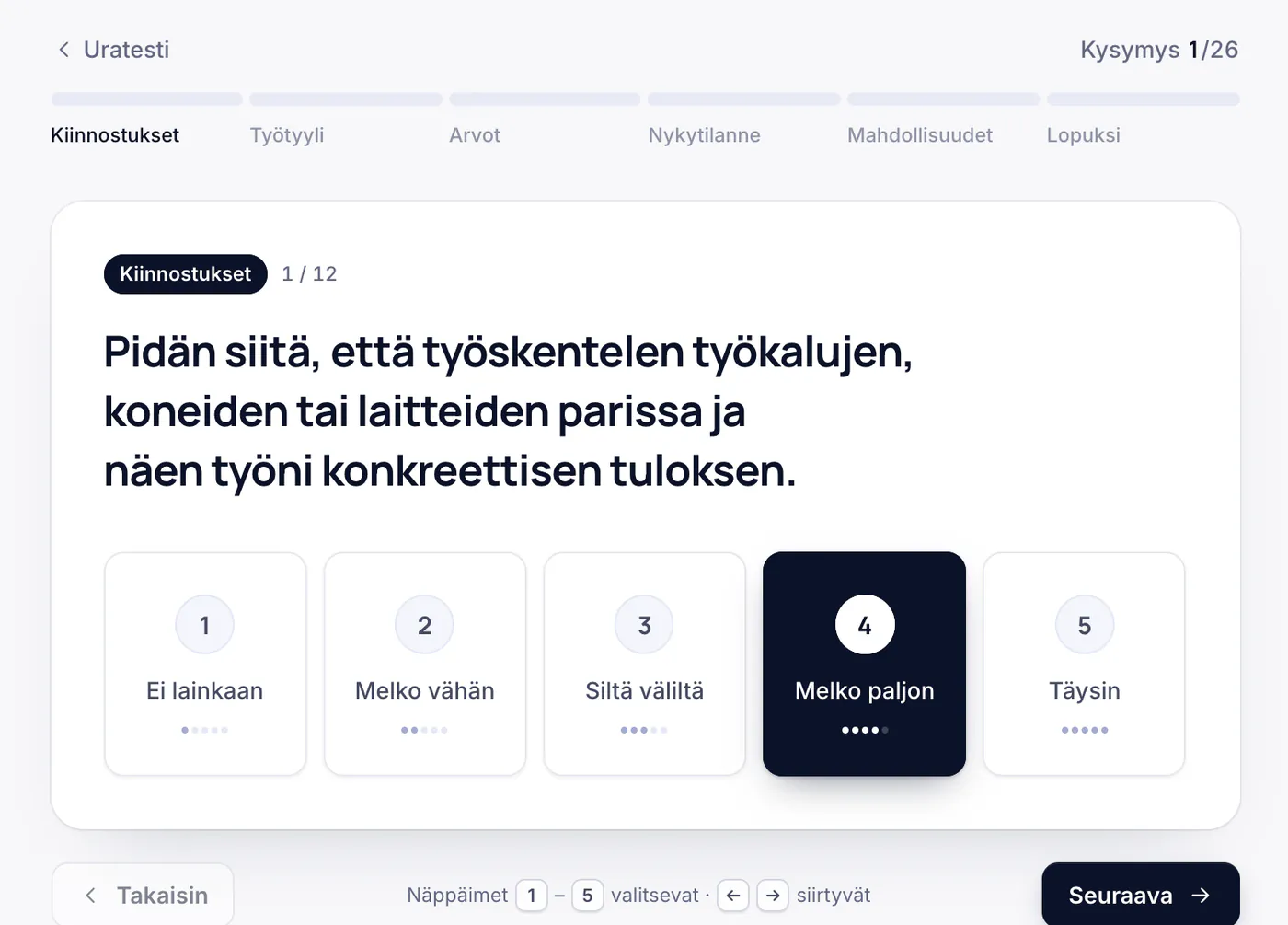 Uratestin kysymys ja vastausvaihtoehdot 1–5