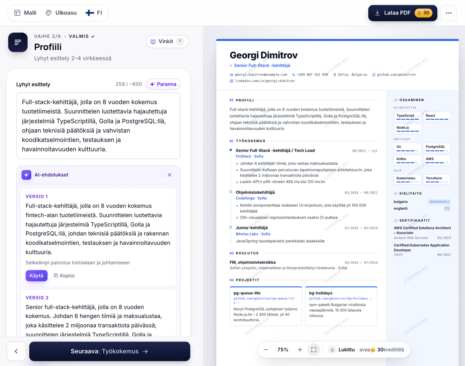 AI:n ehdotukset profiiliin editorissa ja ”Käytä tätä” -painike