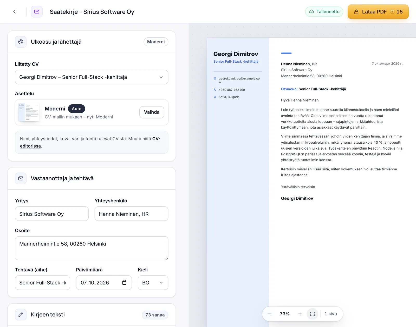 Saatekirje-editori ja kirjeen esikatselu CV:n ulkoasussa