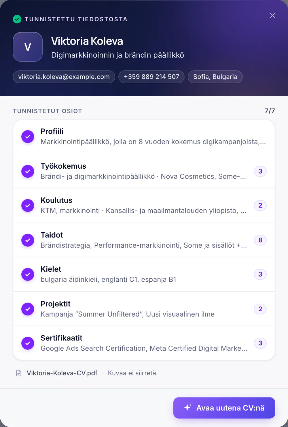 Ladatusta CV:stä tunnistetut osiot ja merkintöjen määrä