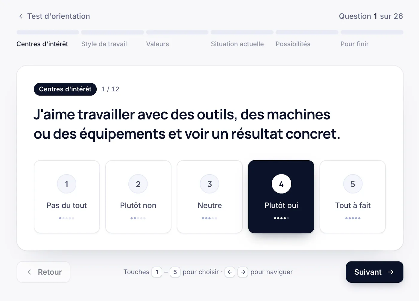 Une question du test d’orientation avec des réponses de 1 à 5