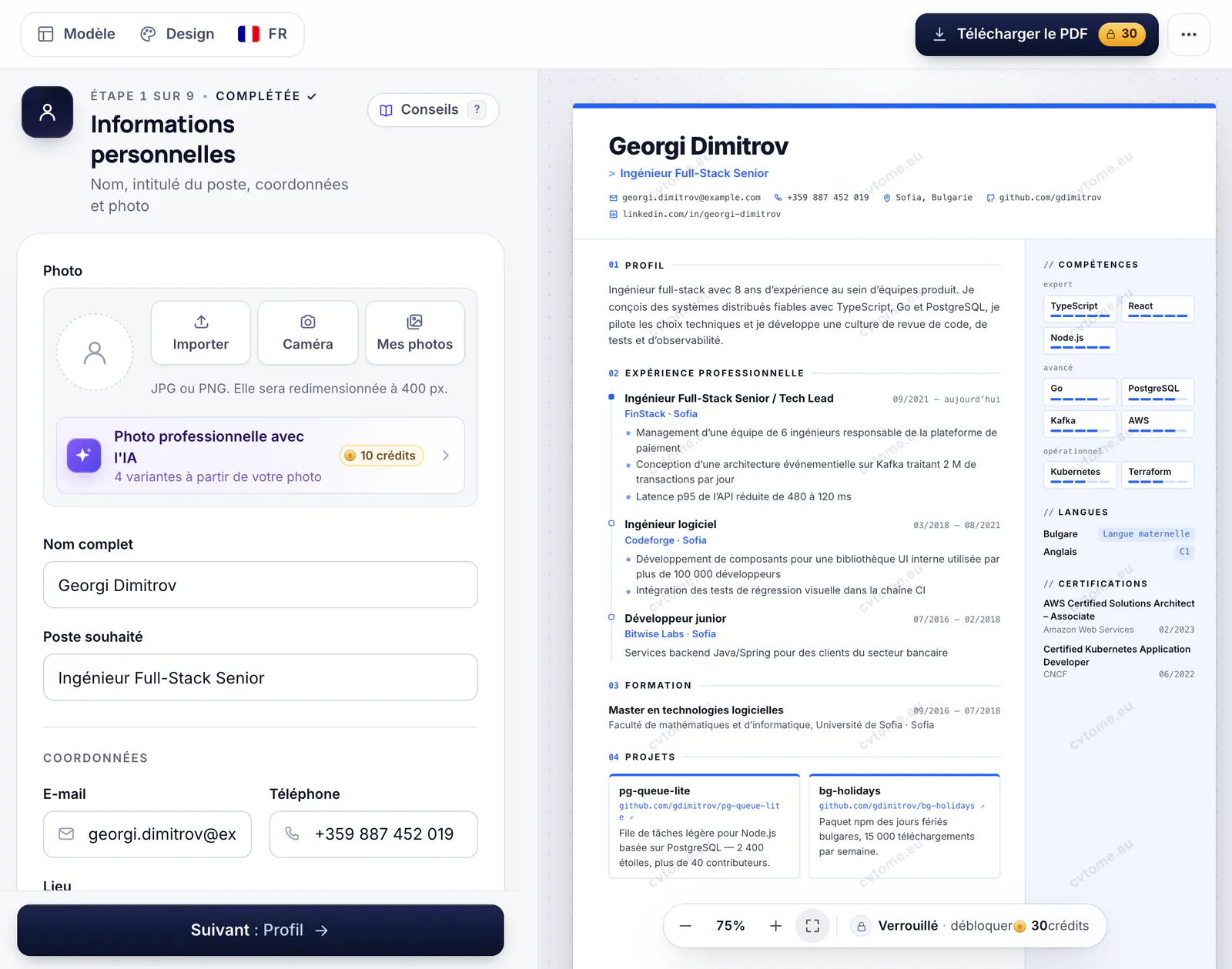L’éditeur cvtome : le formulaire « Informations personnelles » à gauche et l’aperçu de la page A4 à droite