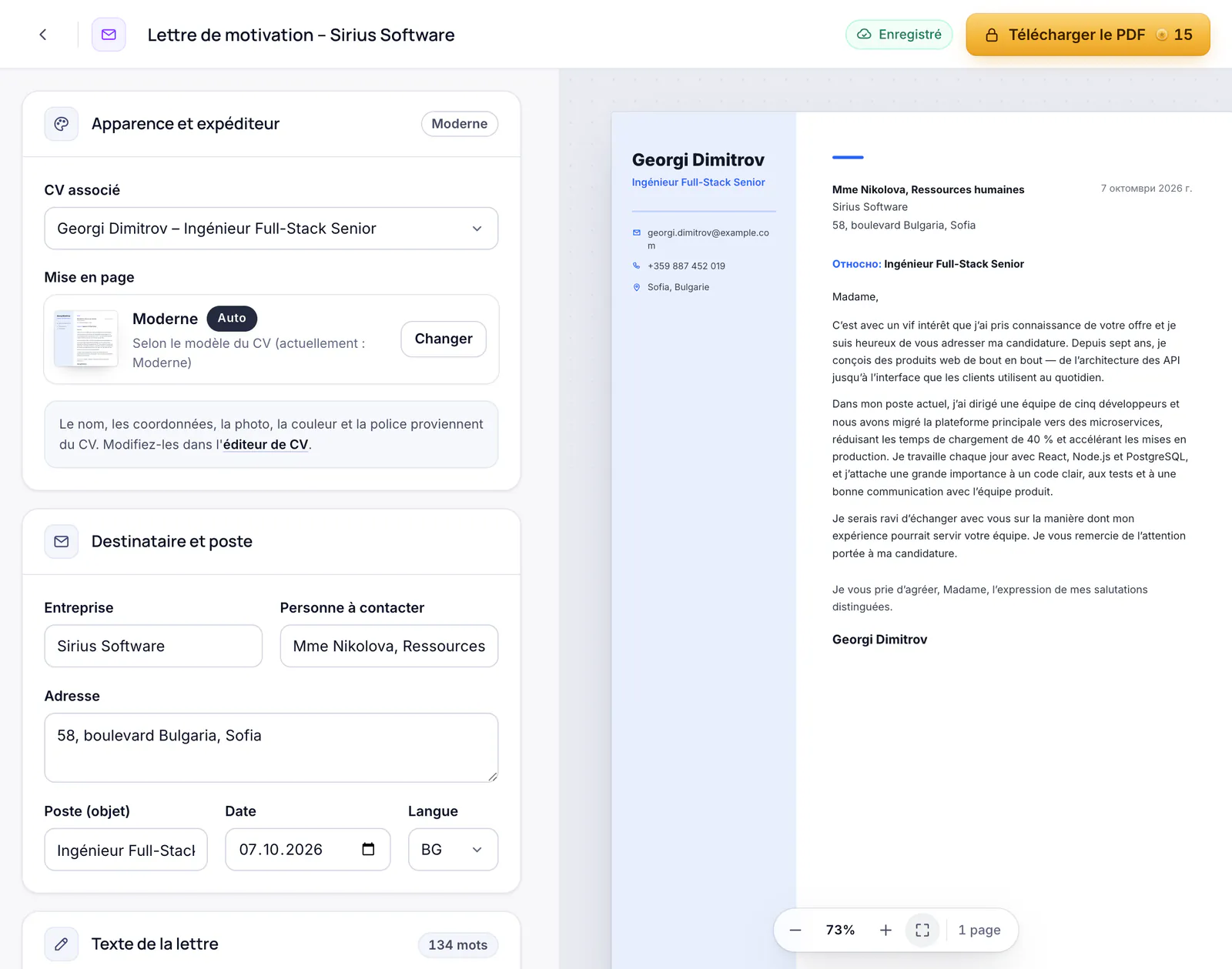 L’éditeur de lettre de motivation avec un aperçu de la lettre au design du CV