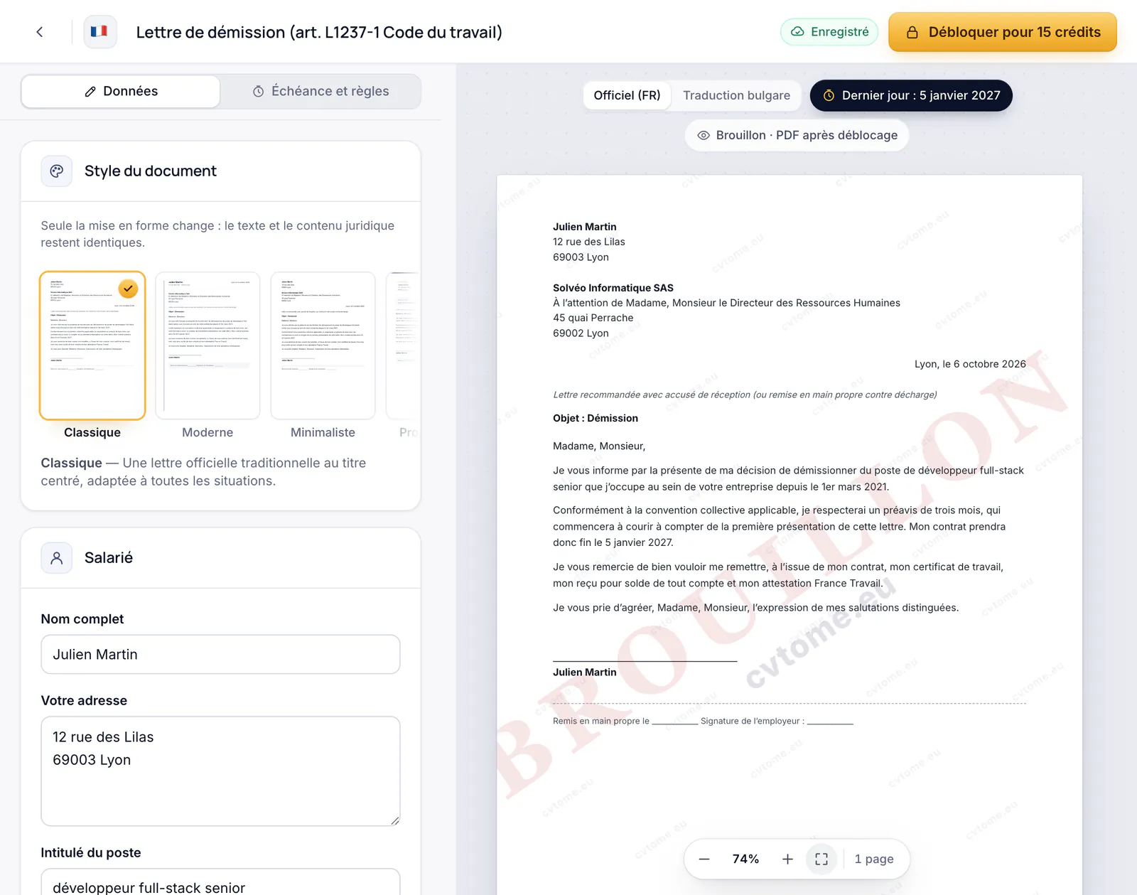 L’éditeur de lettre de démission avec l’aperçu d’une lettre de démission selon l’article L1237-1 du Code du travail