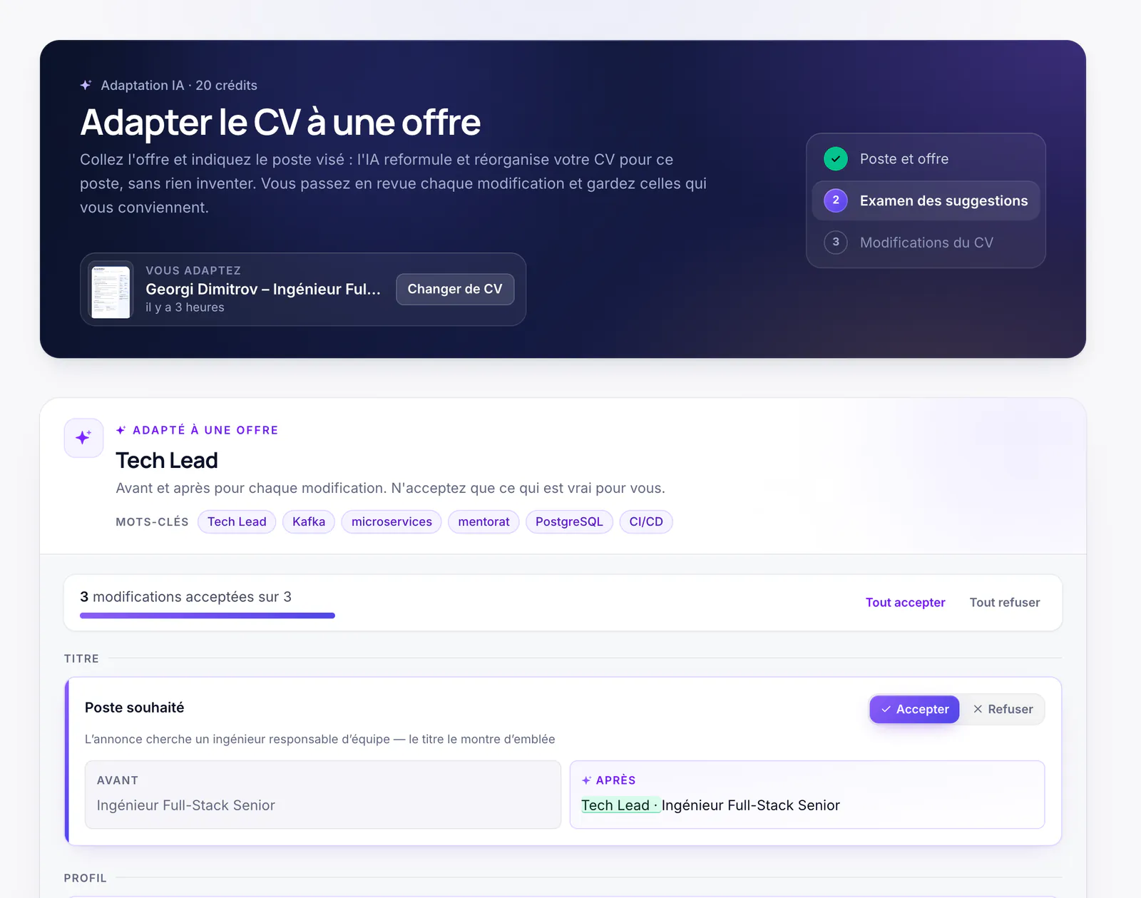 La page « Adapter le CV à une offre » : les modifications proposées « avant / après » avec les boutons pour les accepter