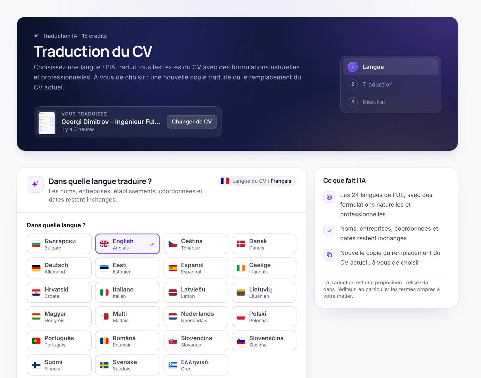 La page « Traduction du CV » avec le choix parmi les 24 langues de l’UE