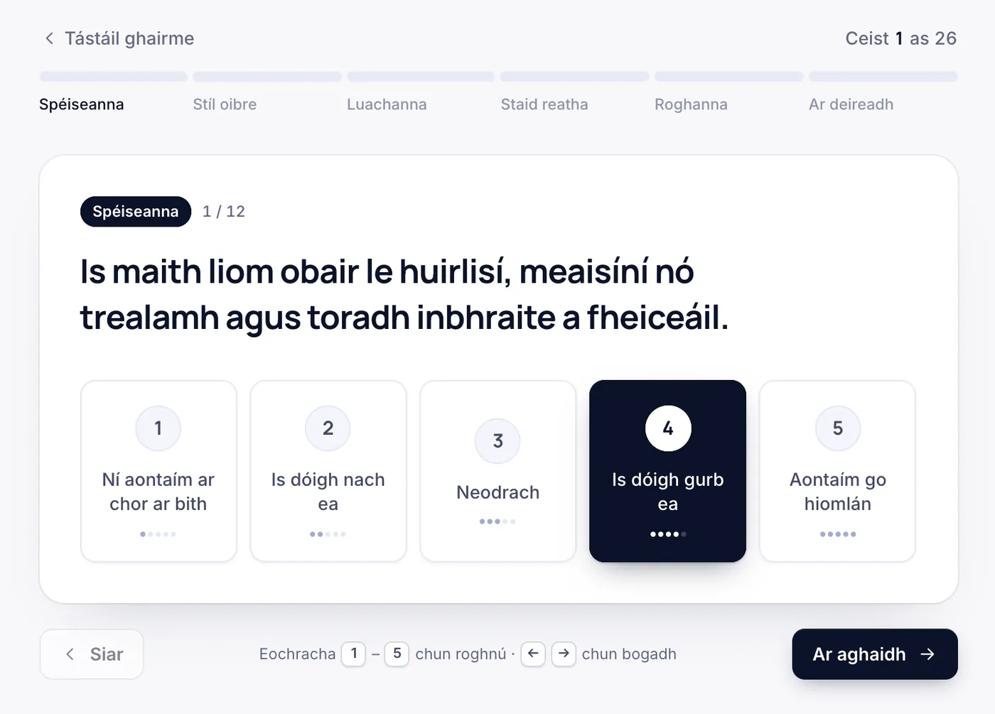 Ceist ón tástáil ghairme le freagraí ó 1 go 5
