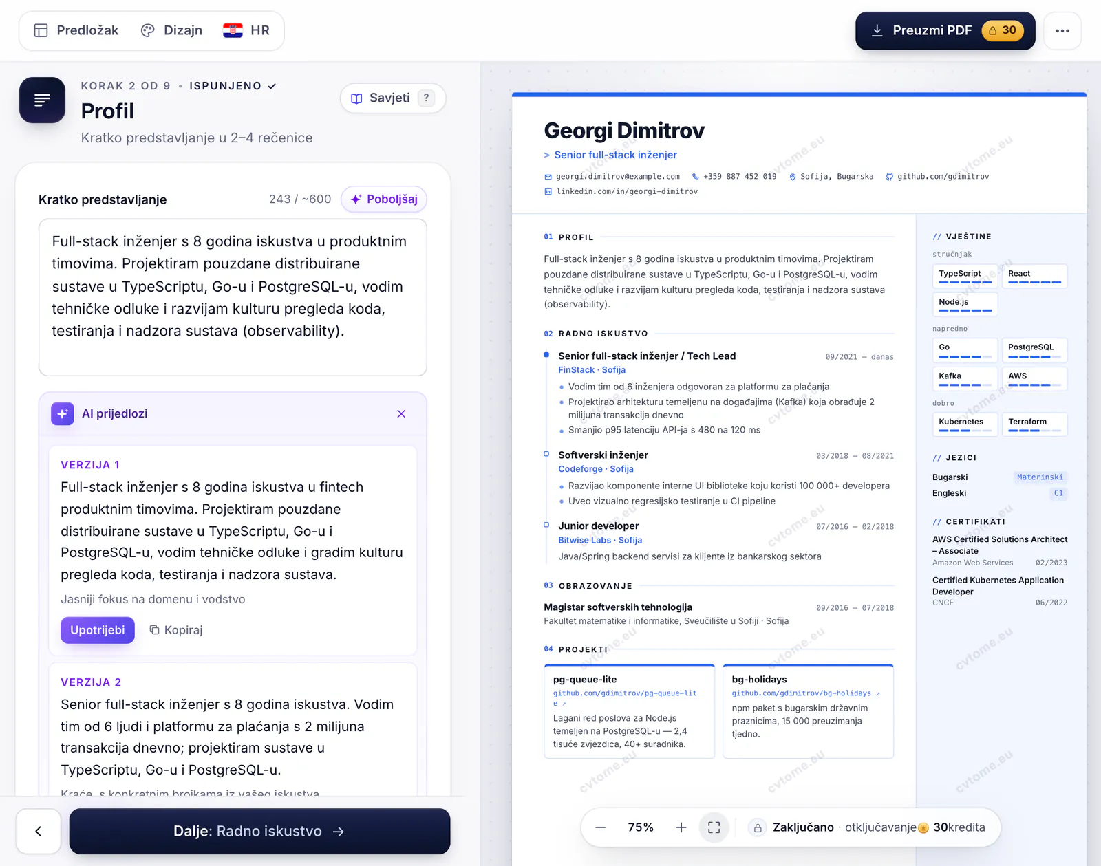 AI prijedlozi za profil u uređivaču, s gumbom „Upotrijebi”