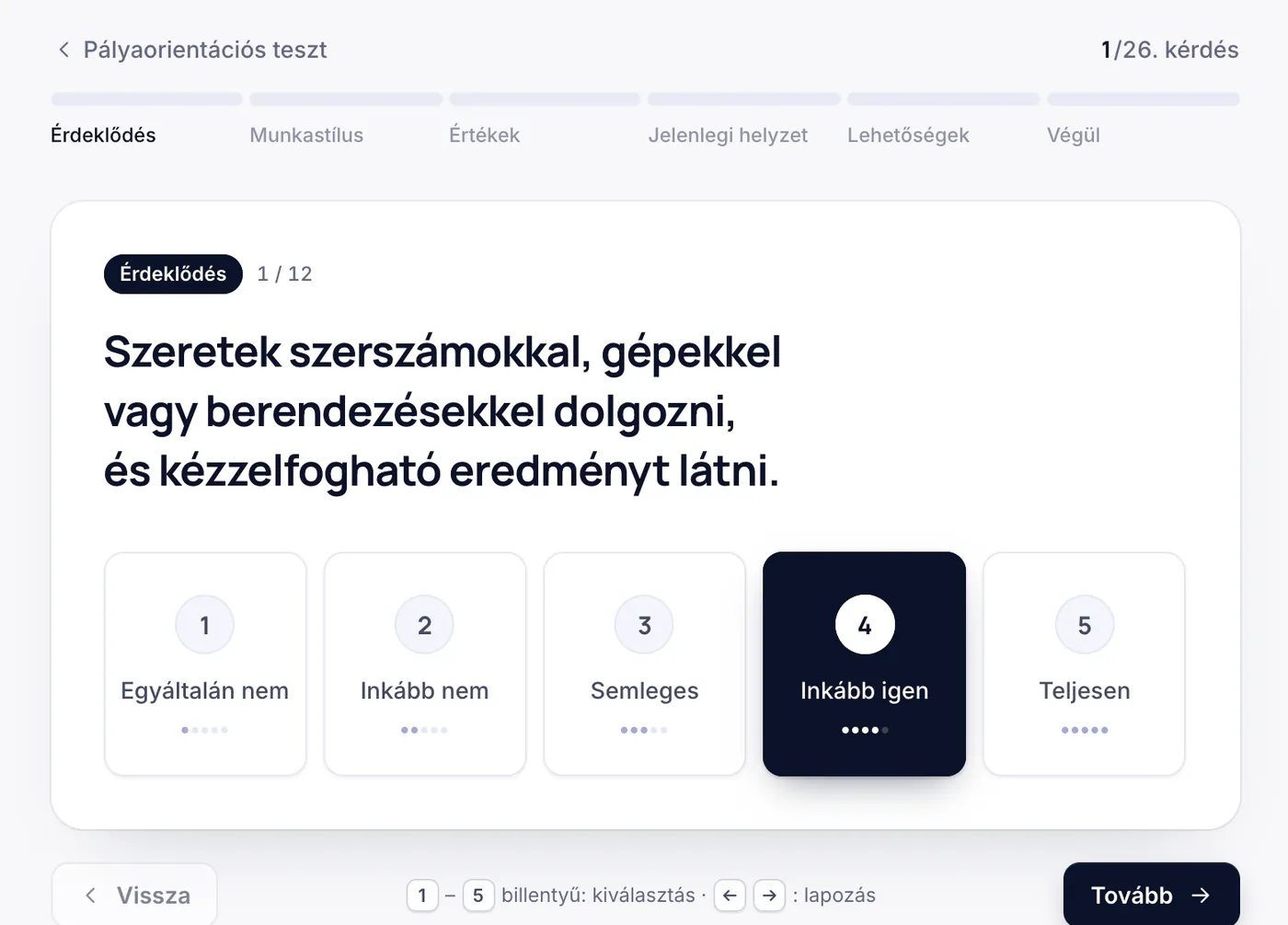 Egy kérdés a pályaorientációs tesztből 1-től 5-ig terjedő válaszokkal