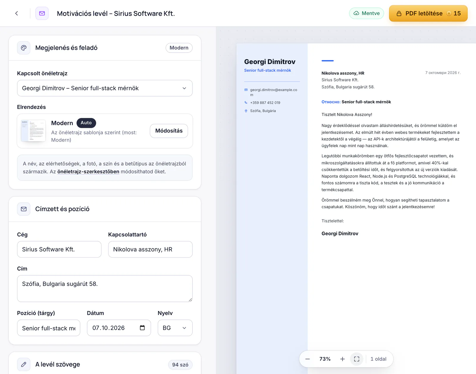 A motivációslevél-szerkesztő a levél előnézetével az önéletrajz dizájnjában