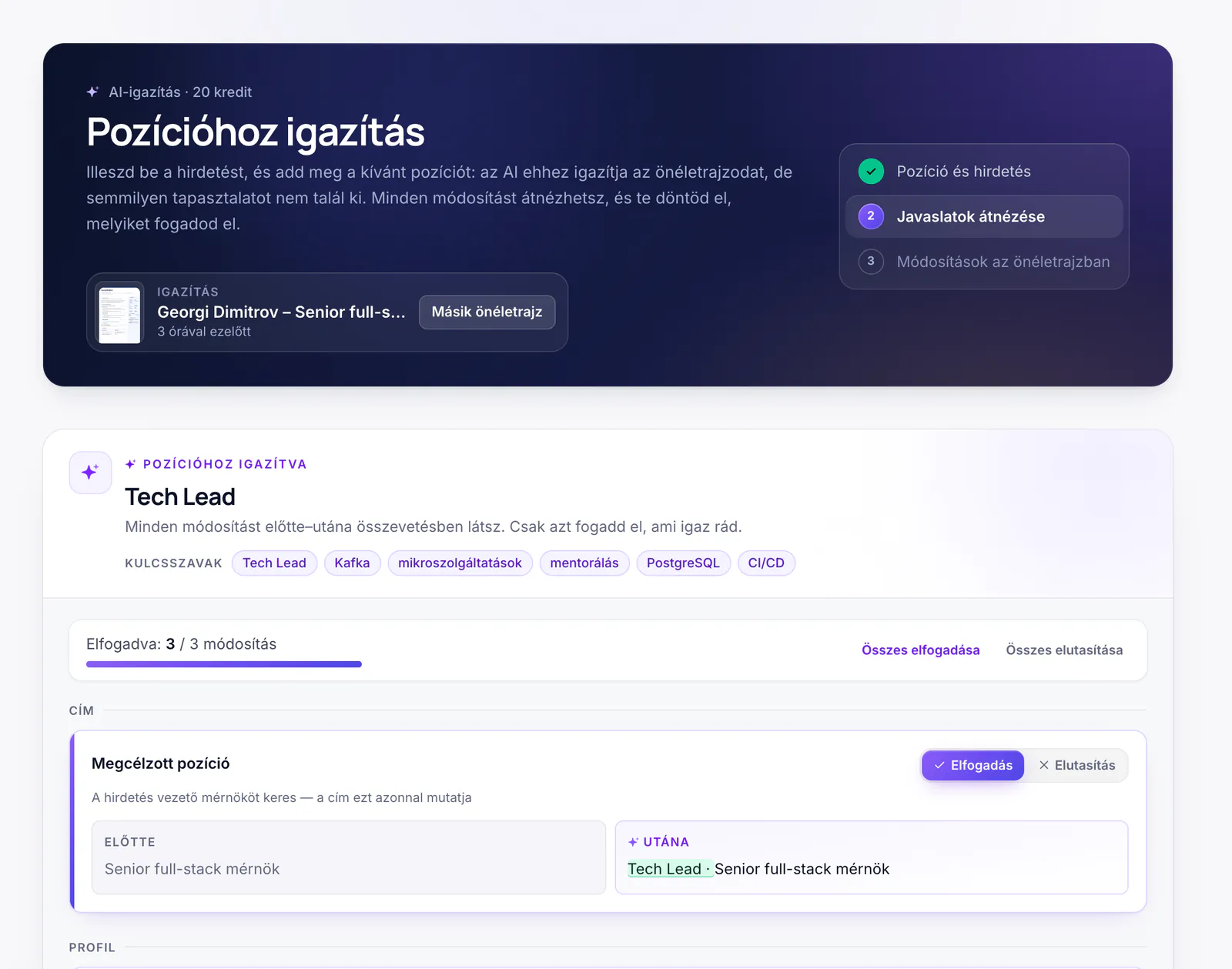 A „Pozícióhoz igazítás” oldal: a javasolt „előtte / utána” módosítások elfogadás gombokkal