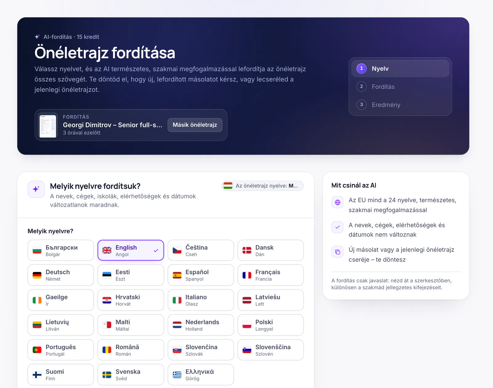 Az „Önéletrajz fordítása” oldal az EU 24 nyelvének választékával