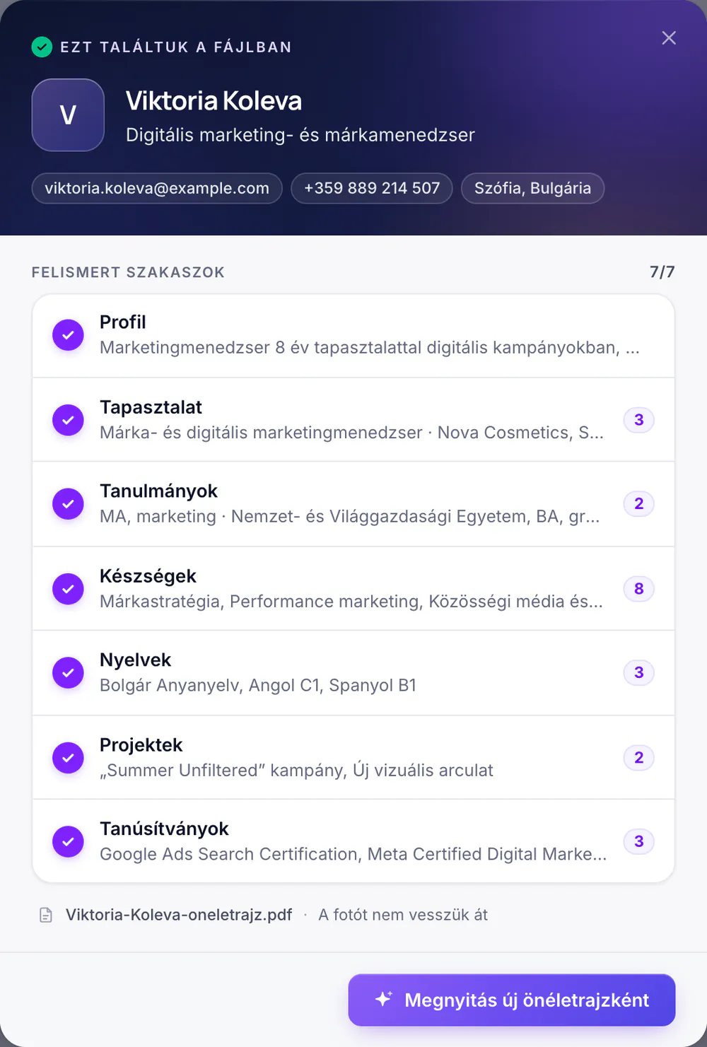 Egy feltöltött önéletrajz beolvasásának eredménye: felismert szakaszok a tételek számával