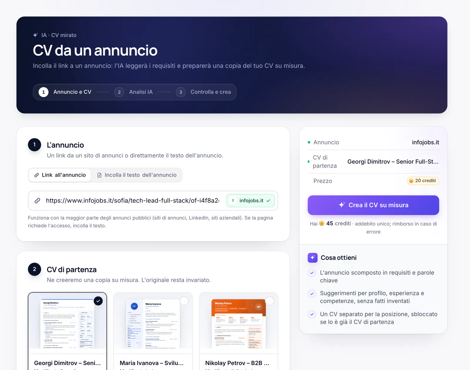 La pagina «CV da un annuncio» con il campo per il link e la scelta del CV di partenza