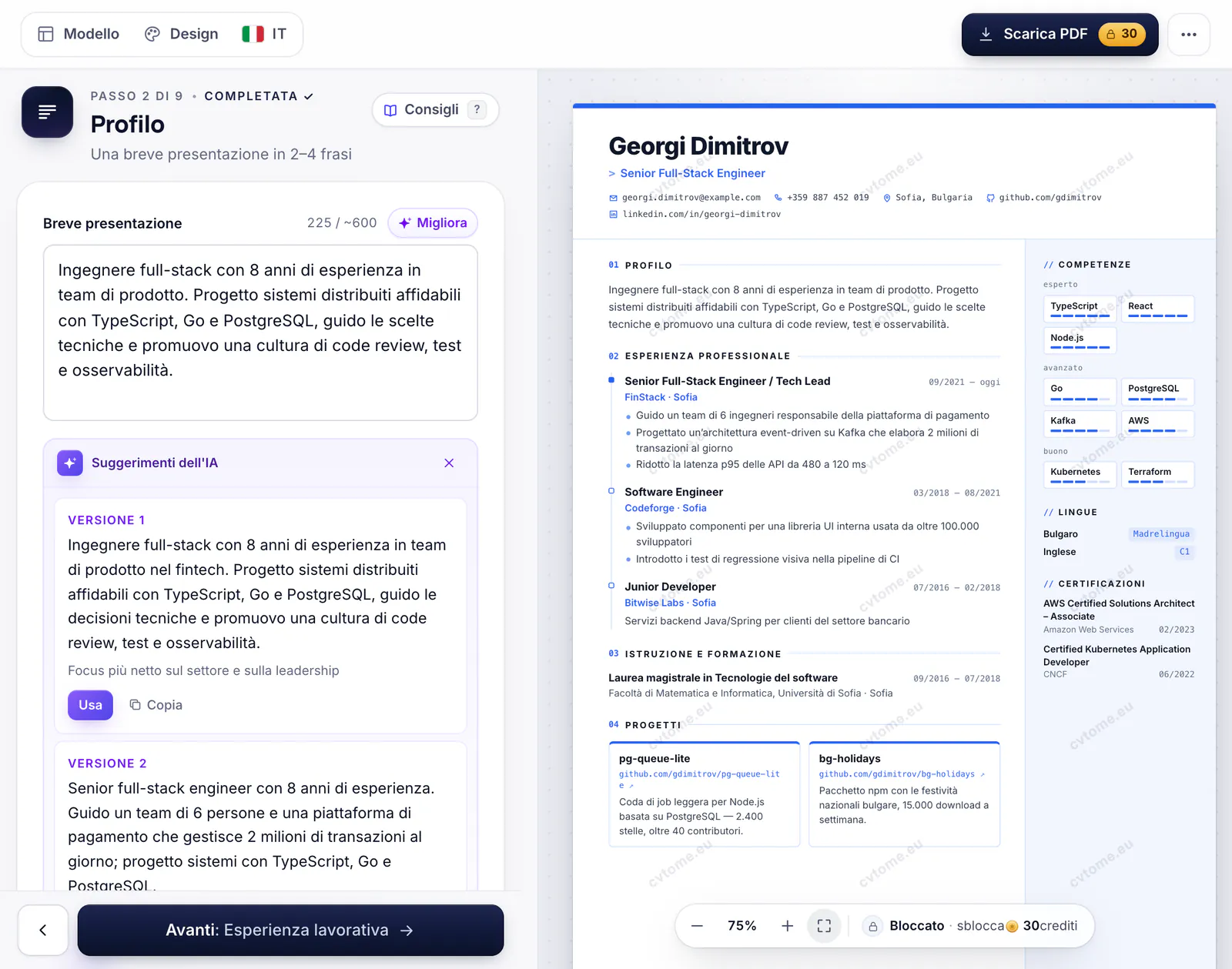 Suggerimenti dell’IA per il profilo nell’editor, con il pulsante «Usa»