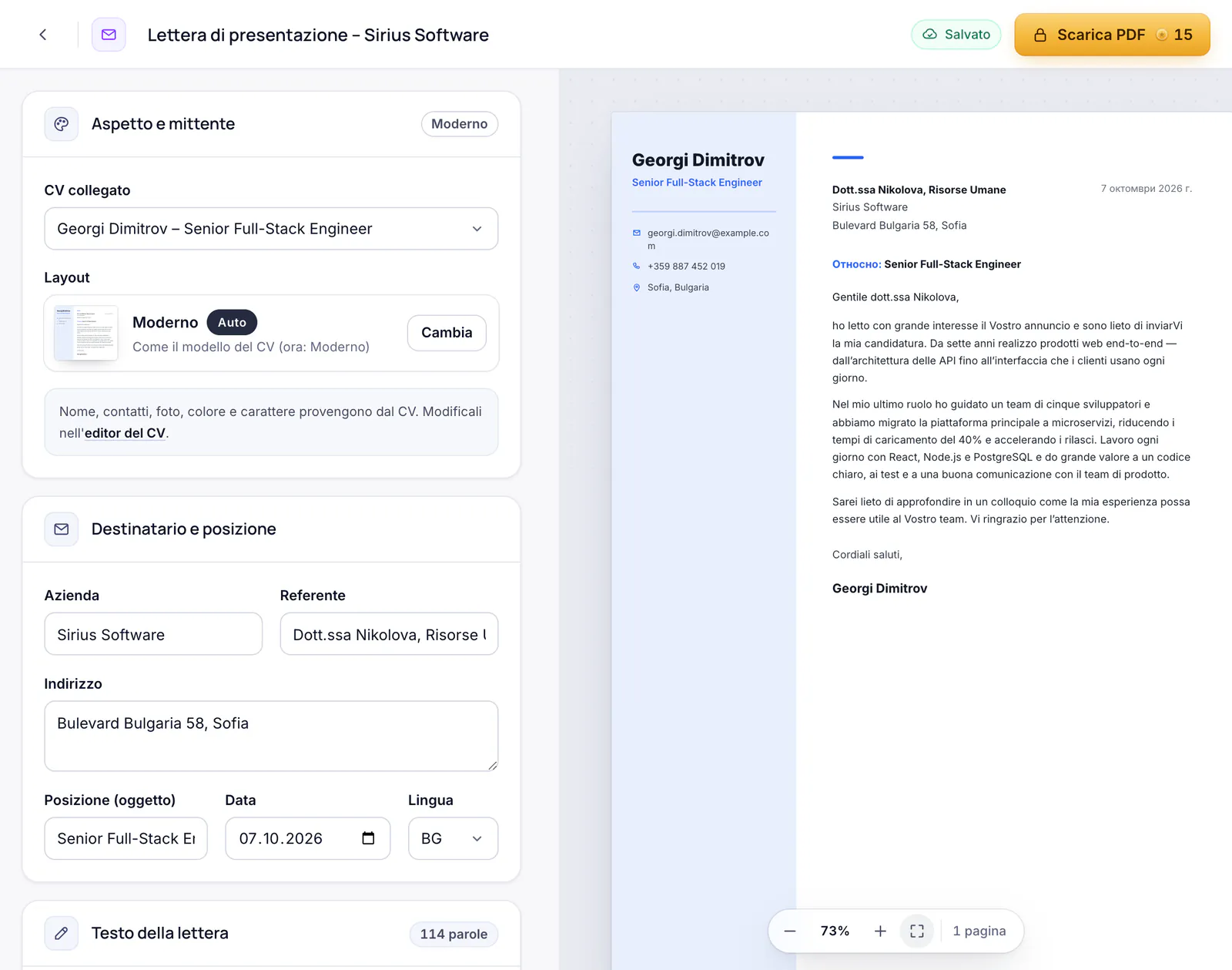 L’editor della lettera di presentazione con l’anteprima della lettera nel design del CV