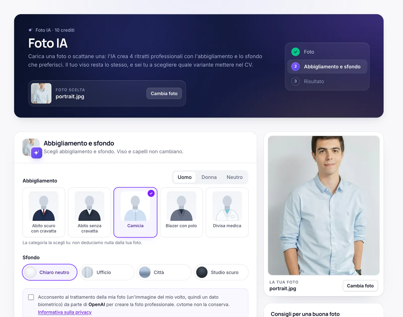 La pagina «Foto IA»: foto da un file, dalla fotocamera o da «Le mie foto», poi la scelta di abbigliamento e sfondo