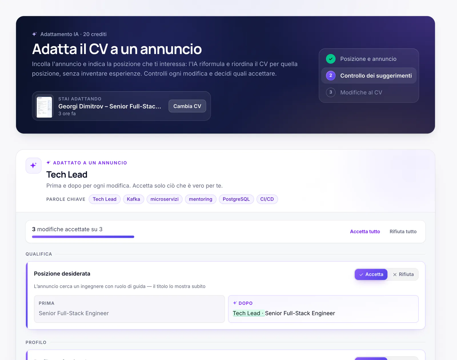 La pagina «Adatta il CV a un annuncio»: le modifiche proposte «prima / dopo» con i pulsanti per accettarle