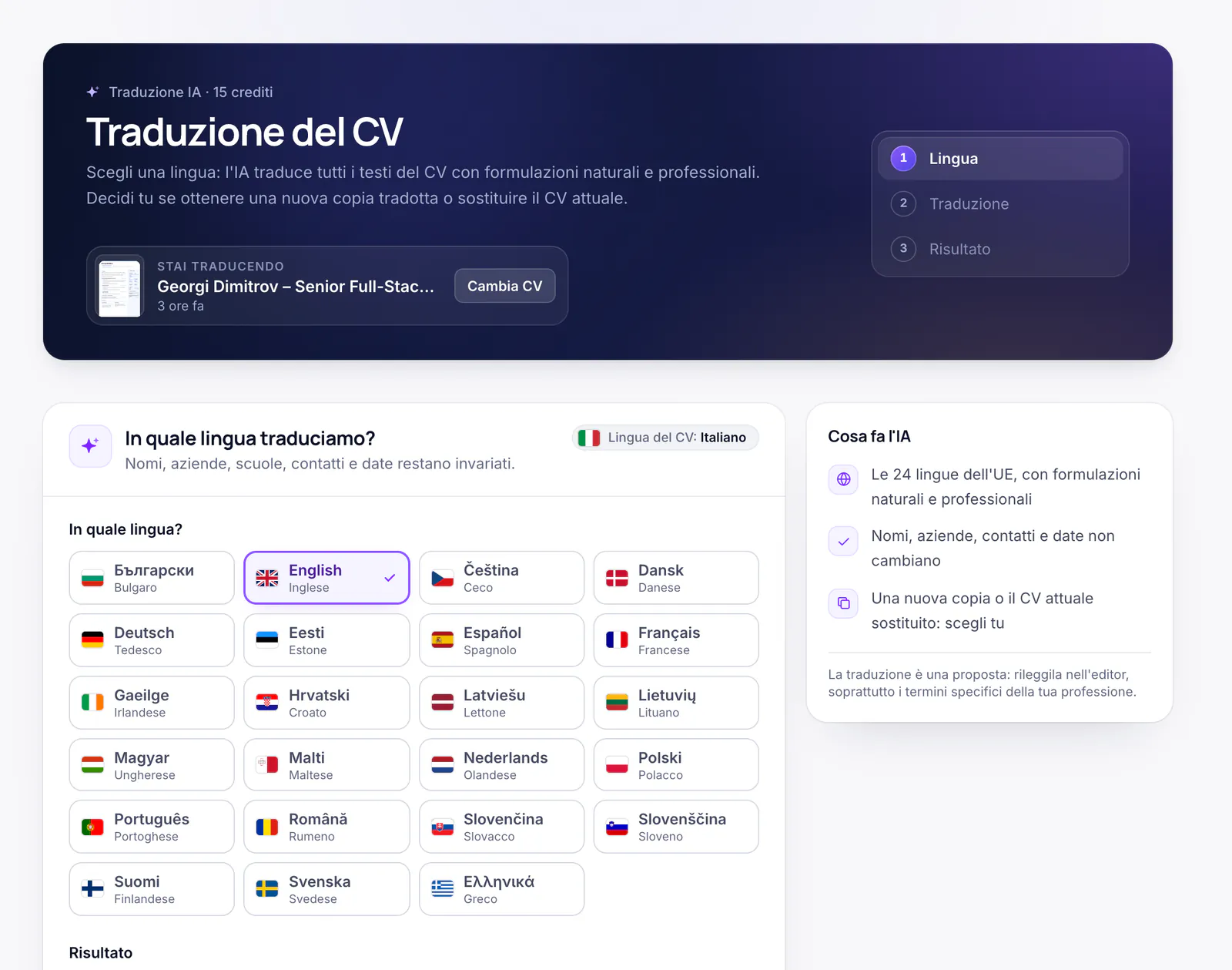 La pagina «Traduzione del CV» con la scelta tra le 24 lingue dell’UE