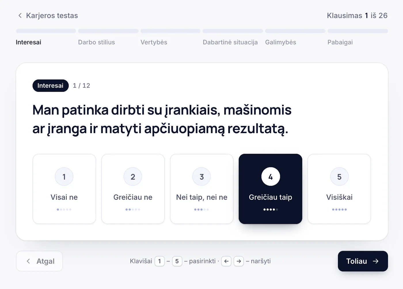 Karjeros testo klausimas su atsakymais nuo 1 iki 5