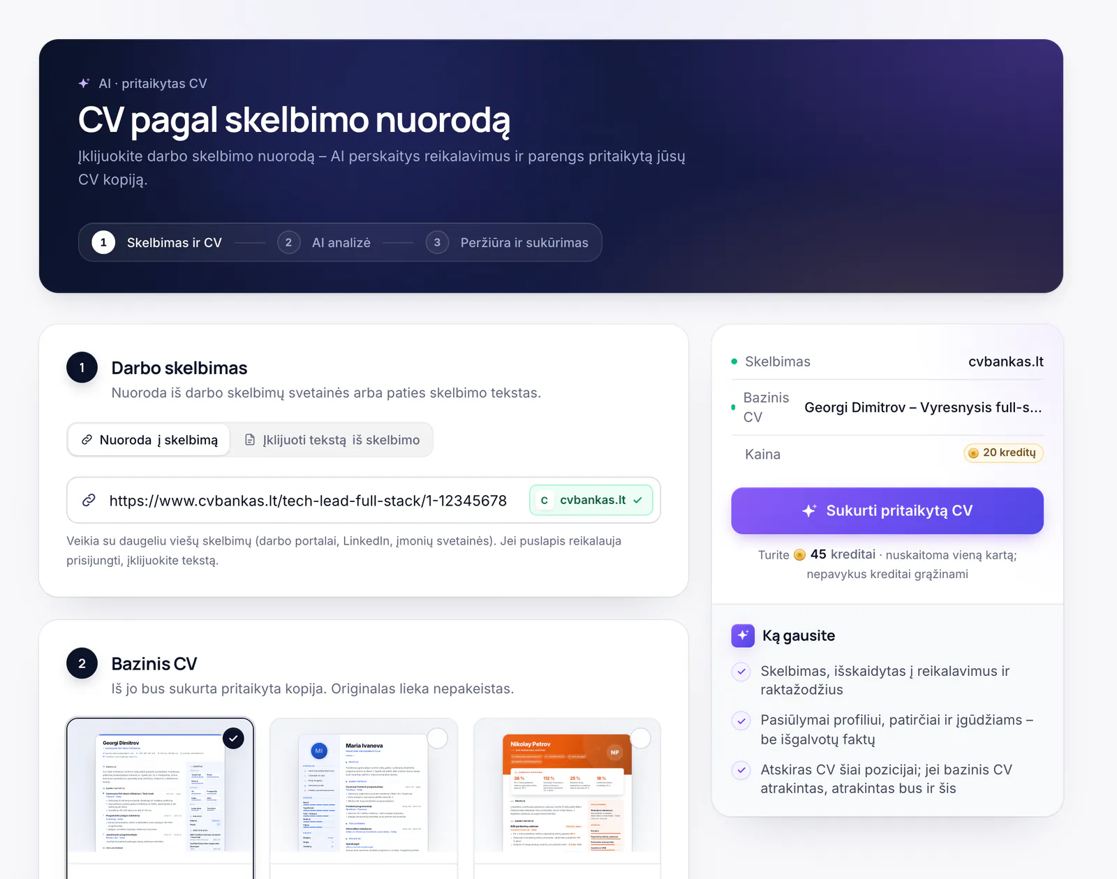 Puslapis „CV pagal skelbimo nuorodą“ su nuorodos lauku ir bazinio CV pasirinkimu
