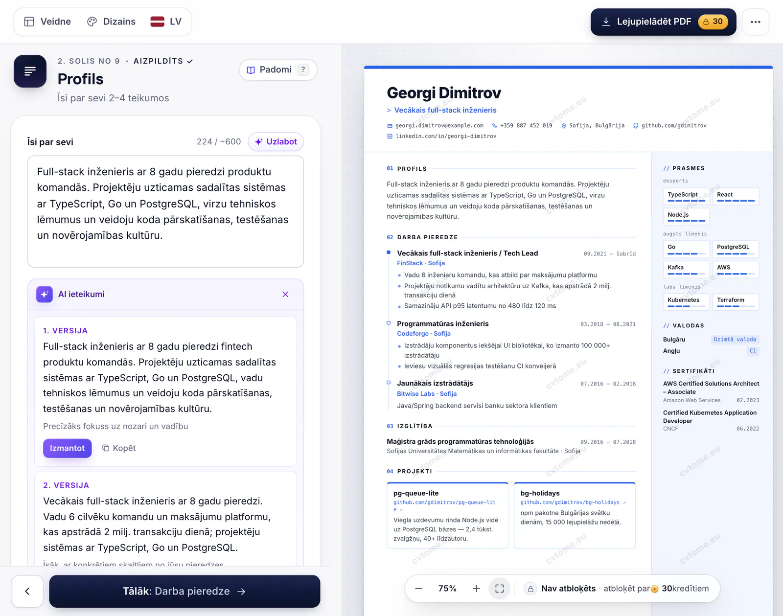 AI ieteikumi profilam redaktorā ar pogu “Izmantot”