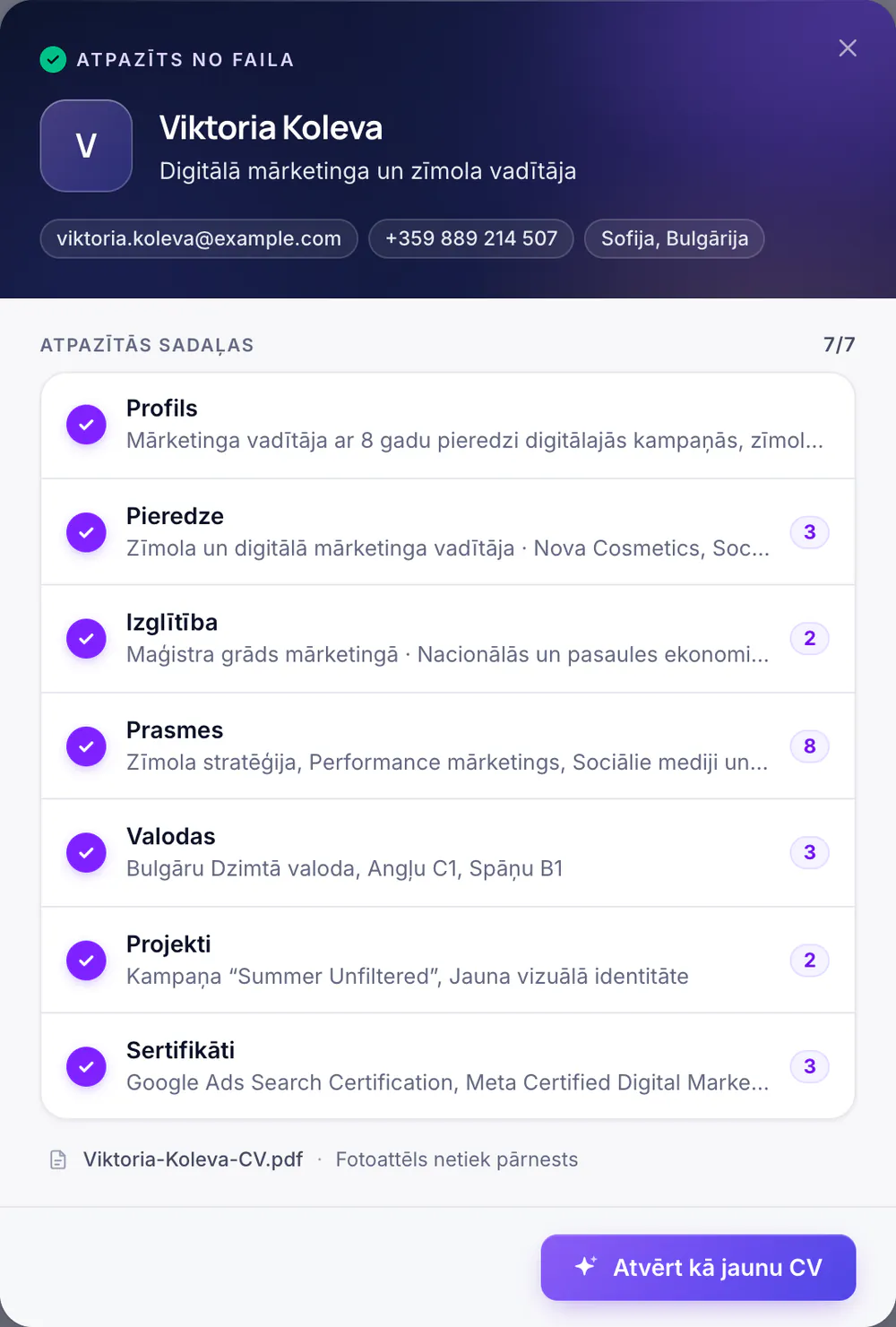 Augšupielādēta CV nolasīšanas rezultāts: atpazītās sadaļas ar ierakstu skaitu