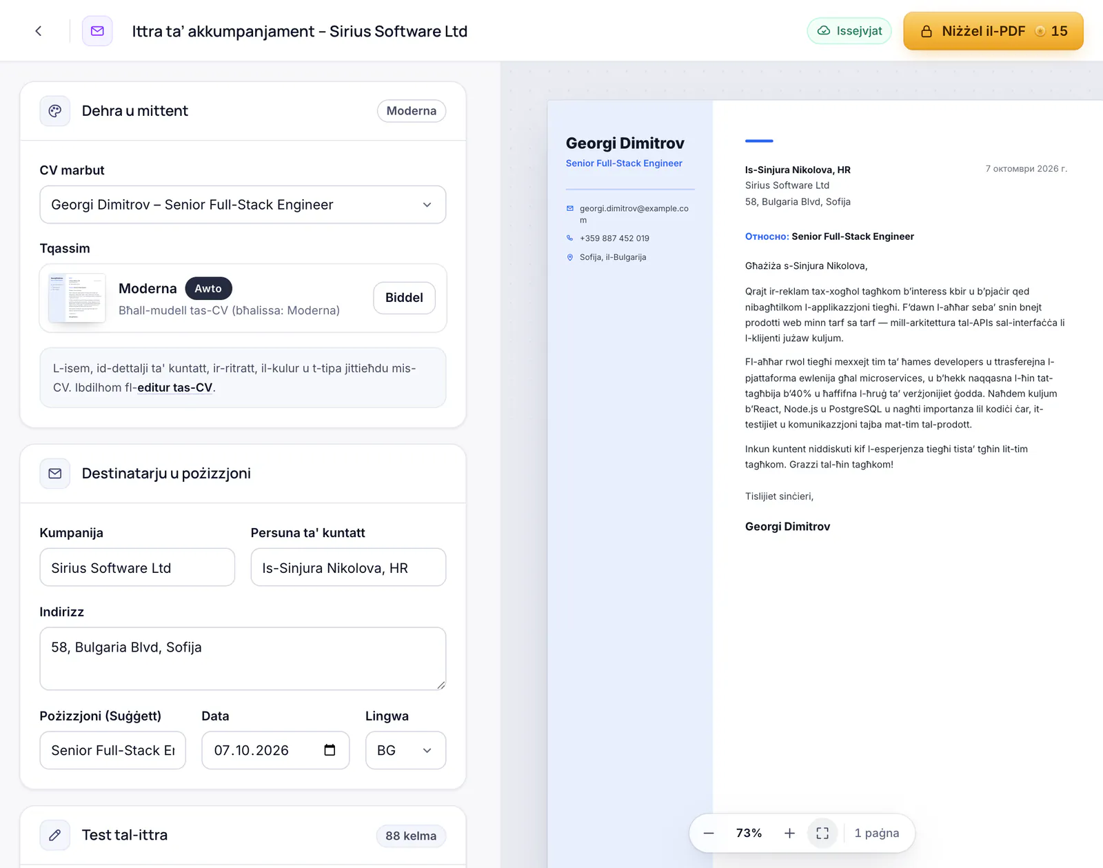 L-editur tal-ittra ta’ akkumpanjament bil-preview tal-ittra fid-disinn tas-CV