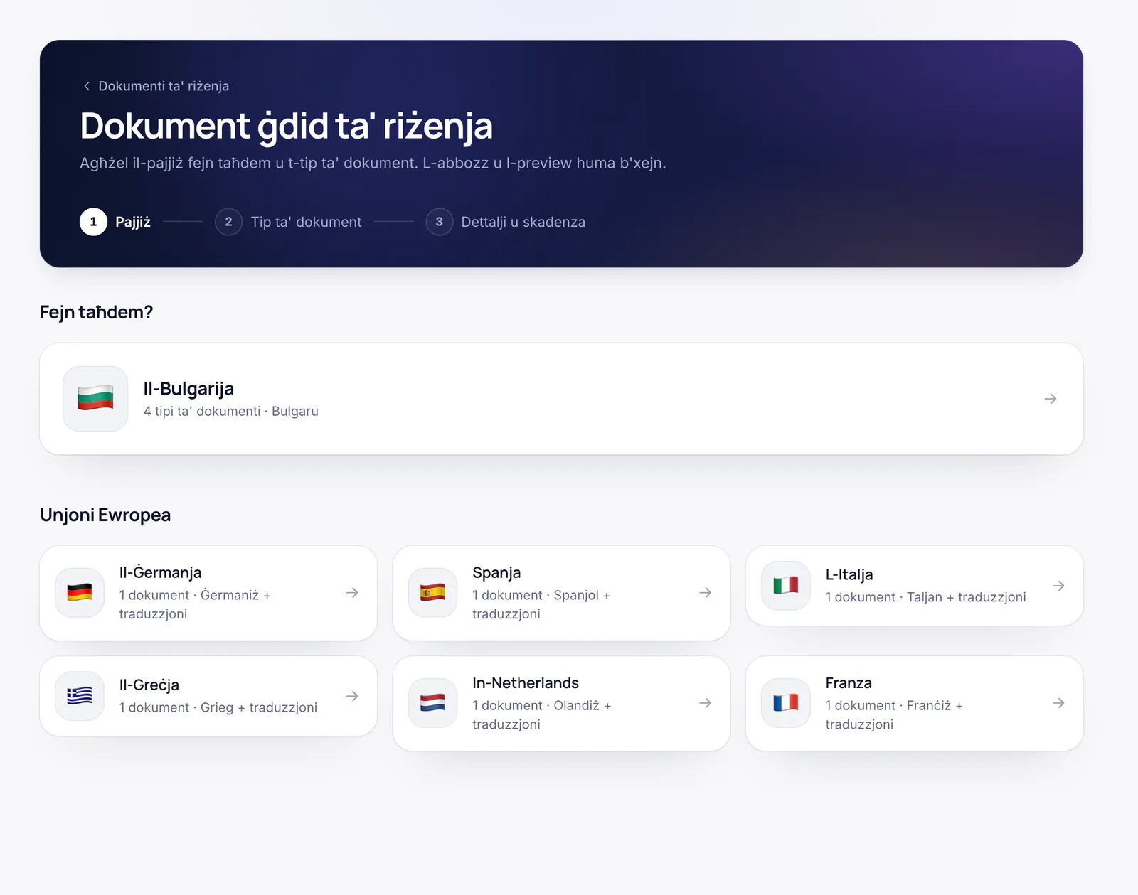 L-ewwel pass ta’ ittra ġdida ta’ riżenja: l-għażla tal-pajjiż — il-Bulgarija, il-Ġermanja, Spanja, l-Italja, il-Greċja, in-Netherlands jew Franza