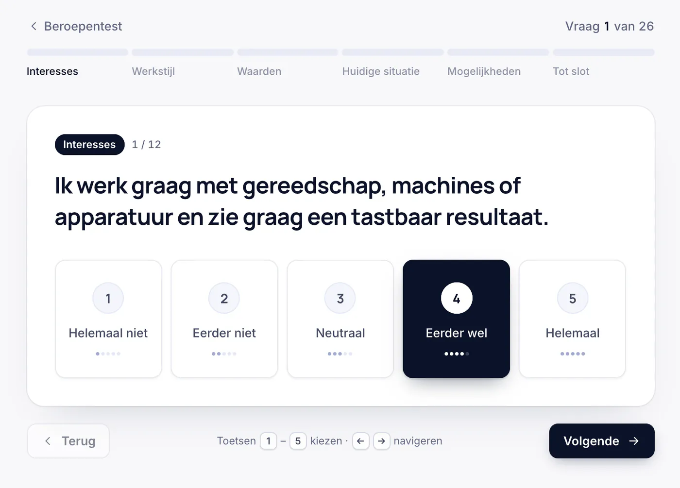 Een vraag uit de beroepentest met antwoorden van 1 tot 5