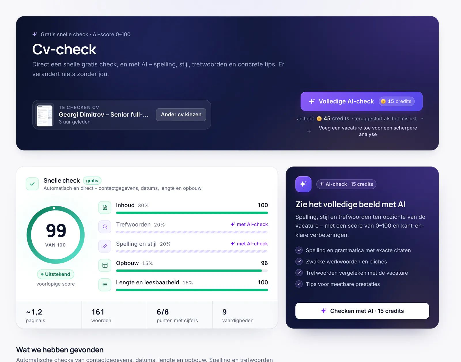 Cv-check: een score van 100 voor inhoud, trefwoorden, spelling, opbouw en lengte
