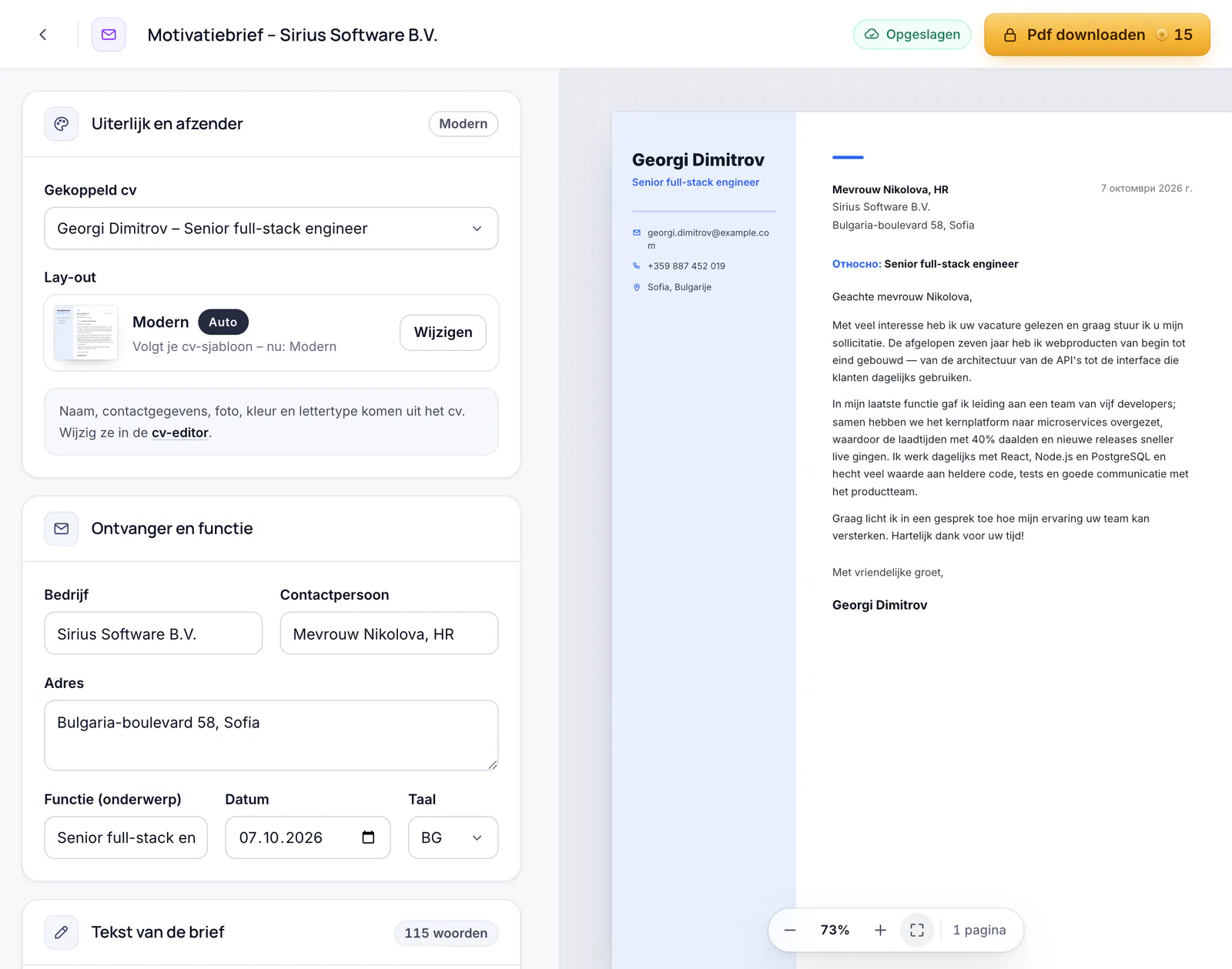 De editor voor motivatiebrieven met een voorbeeld van de brief in het design van het cv