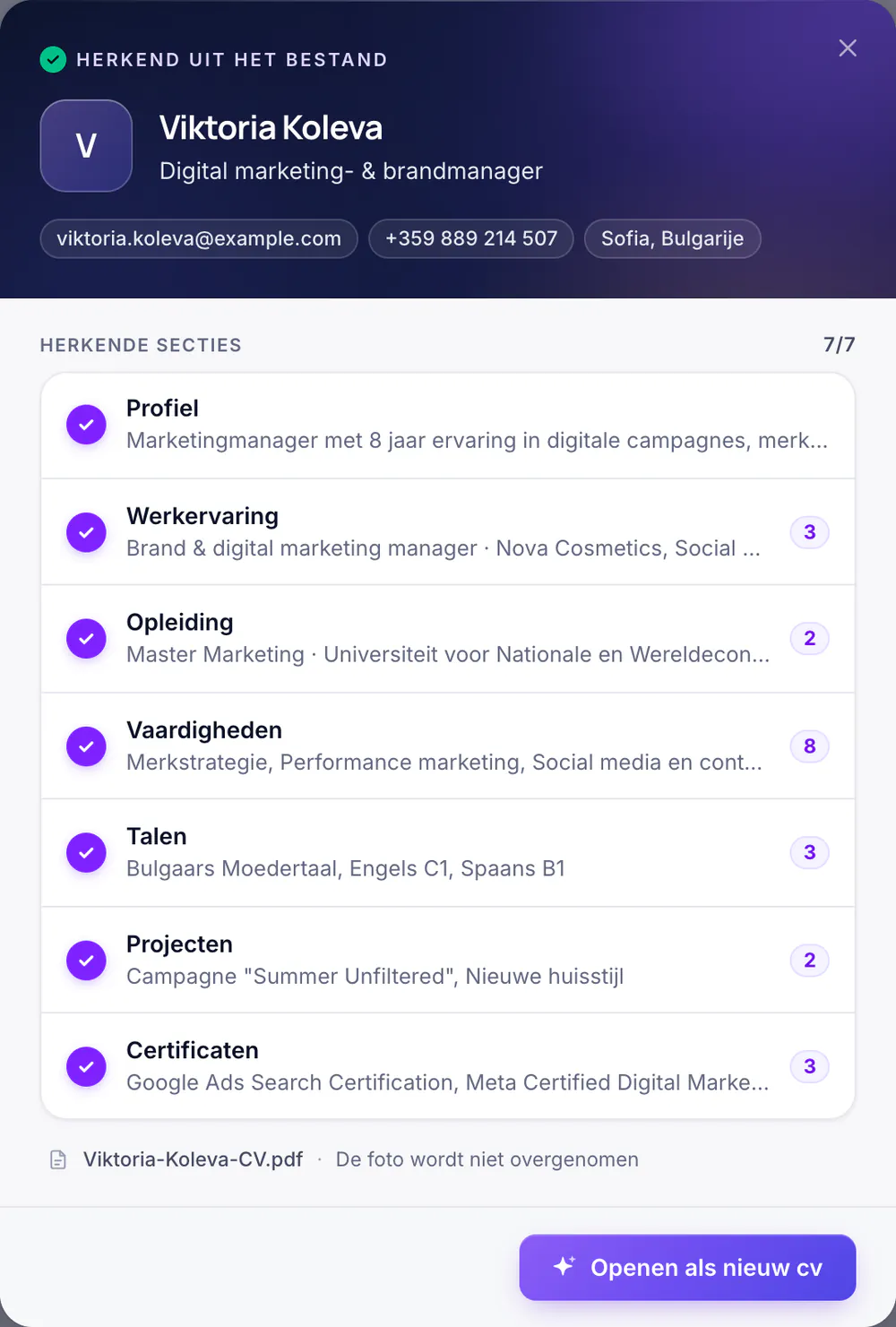 Het resultaat van het inlezen van een geüpload cv: herkende secties met het aantal items