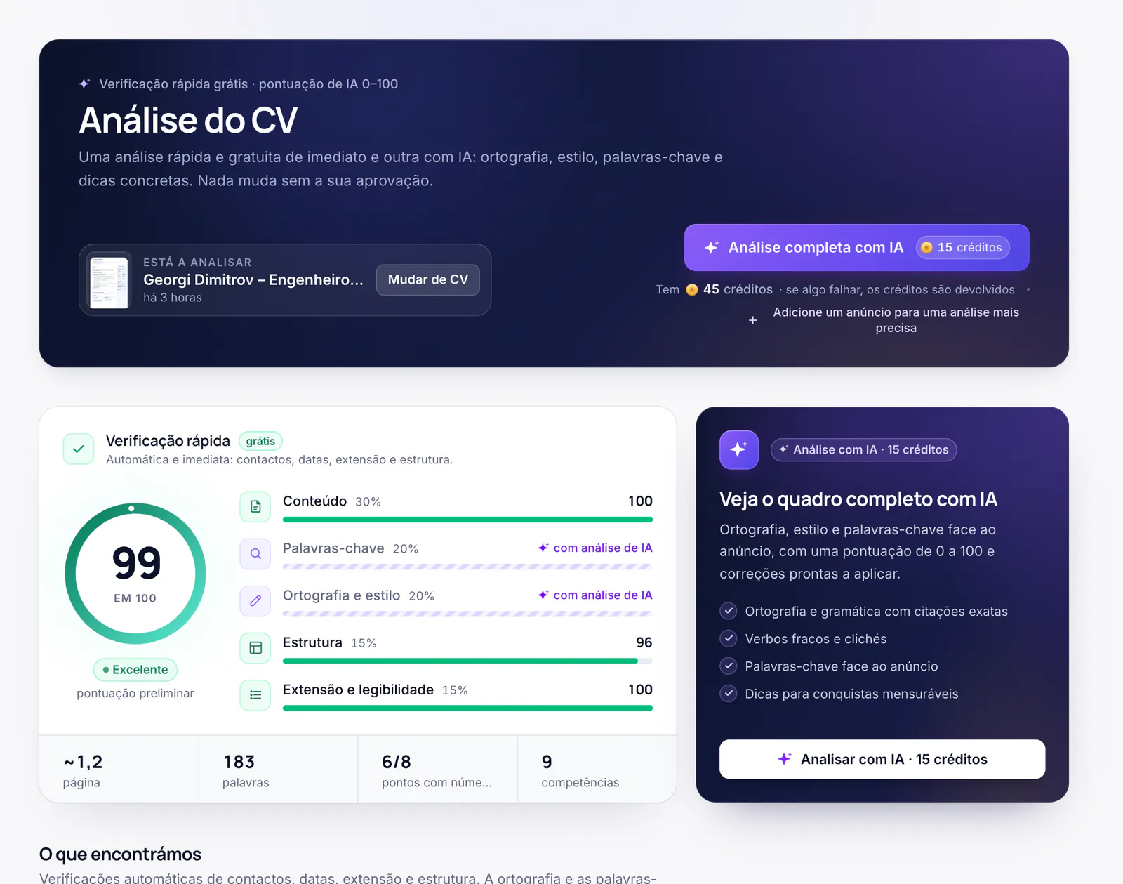 Análise do CV: uma pontuação em 100 para conteúdo, palavras-chave, ortografia, estrutura e extensão