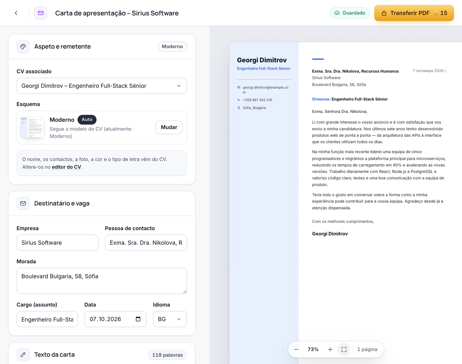 O editor da carta de apresentação com a pré-visualização da carta no design do CV